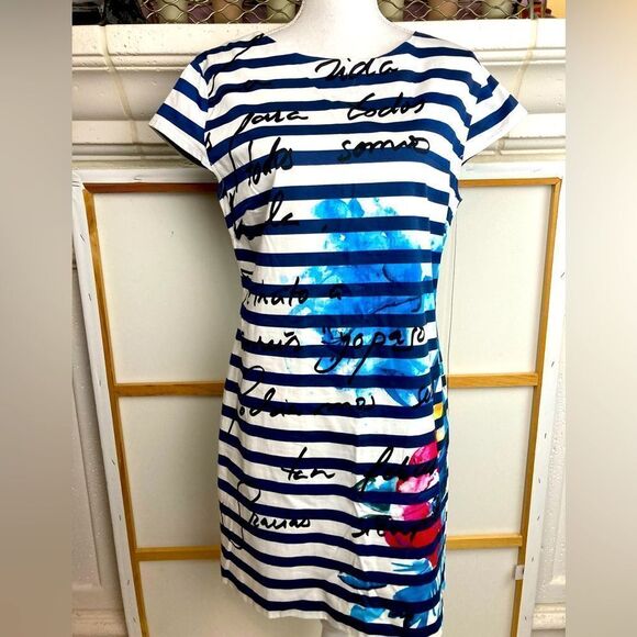 Desigual Spain Fabulous Graphic striped dress w/cap sleeves& splash of color - Picture 1 of 7